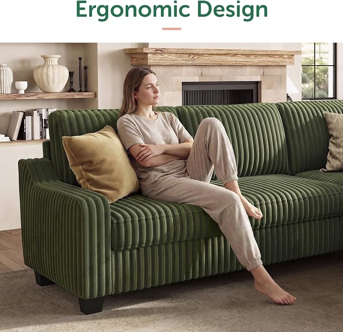 HONBAY Corduroy Convertible Sectional Sofa L Shaped Corner Couch Reversible Sectional Couches for Living Room,Green