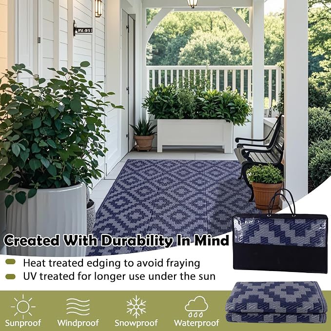 SAND MINE Reversible Mats, Plastic Straw Rug, Modern Area Rug, Large Floor Mat and Rug for Outdoors, RV, Patio, Backyard, Deck, Picnic, Beach, Trailer, Camping, Dark Blue & Grey, 4' x 6'