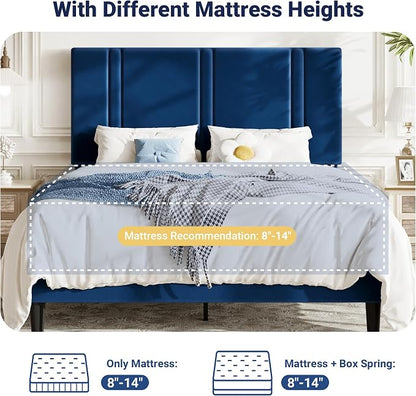 Allewie Full Size Platform Bed Frame with Adjustable Headboard, Plush Velvet Upholstered, Vertical Channel Tufted, Sturdy Wooden Slats, No Box Spring Needed, Easy Assembly, Blue