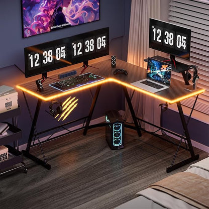 Mr IRONSTONE Gaming Desk with LED Lights and Speakers, L Shaped Desk Corner with Cup Holder & Headphone Hook, Computer Desk Home Office Desks with Monitor Stand, Carbon Fiber Surface, Black 51 Inch