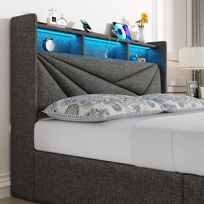 Driftalia LED Queen Bed Frame with 4 Storage Drawers, Upholstered Bed Frame Queen Size with 2-Tier Headboard and Charging Station, No Box Spring Needed, Easy to Assembly - Dark Grey