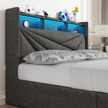 Driftalia LED Queen Bed Frame with 4 Storage Drawers, Upholstered Bed Frame Queen Size with 2-Tier Headboard and Charging Station, No Box Spring Needed, Easy to Assembly - Dark Grey