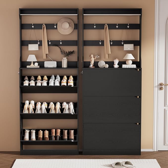 Shoe Storage Cabinet, Wood Shoe Organizer for Entryway with 3 Flip Drawers, Freestanding Shoe Rack with Adjustable Shelf, Narrow Shoe Dresser for Front Door Entrance (Black, Tall 3 Drawers)