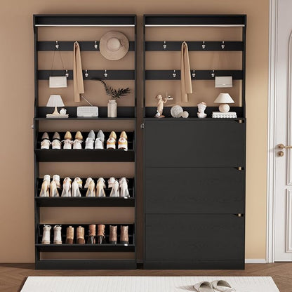Shoe Storage Cabinet, Wood Shoe Organizer for Entryway with 3 Flip Drawers, Freestanding Shoe Rack with Adjustable Shelf, Narrow Shoe Dresser for Front Door Entrance (Black, Tall 3 Drawers)