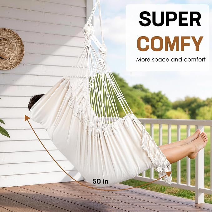Hammock Chair Hanging Chair Heavy Duty 500 Lbs, Hanging Hammock Chair with Steel Spreader Bar & Adjustable Straps, Indoor Outdoor Hammock Swing for Bedroom Patio Porch Balcony Backyard Camping-Beige