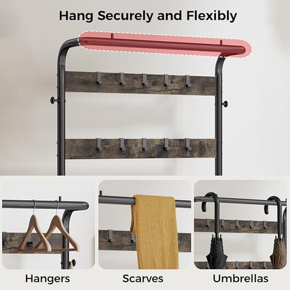 NEWBULIG Coat Rack, Hall Tree with Shoe Bench, 4-in-1 Entryway Organizer with 10 Hooks and Storage Shelf, Rustic Wood Entryway Bench for Mudroom, Living Room, Bedroom, Grey