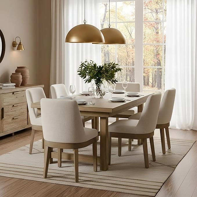 RIVOVA Upholstered Dining Chairs Set of 6, Modern Wooden Dining Room Chair Linen Fabric Kitchen Chairs Farmhouse Dinner Chair with Hardwood Frame, Beige
