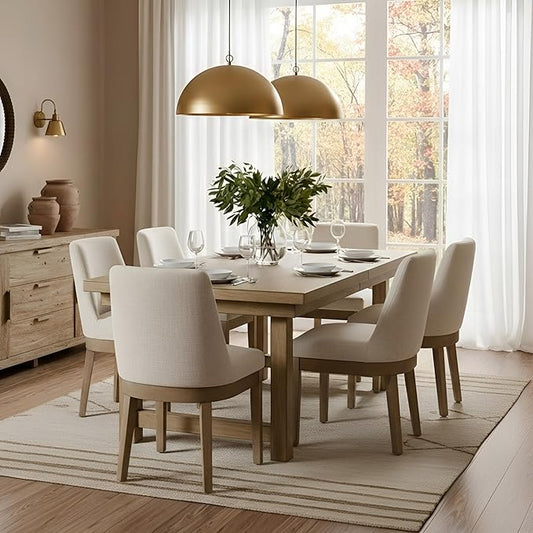 RIVOVA Upholstered Dining Chairs Set of 6, Modern Wooden Dining Room Chair Linen Fabric Kitchen Chairs Farmhouse Dinner Chair with Hardwood Frame, Beige