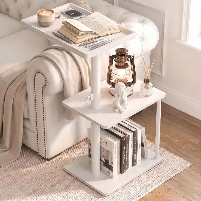 Faesun C Table End Table Adjustable Height, 360°Swivel TV Tray Table for Small Spaces, Small Nightstand for Living Room, Bedroom, White