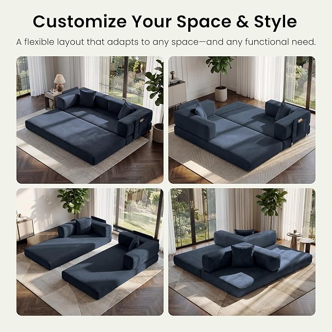 78.8" Convertible Sofa Bed,Corduroy Futon Couch with Storage Pocket,Folding Pull Out Futon Sofa,No Assembly Boneless Couch for Home & Apartment, Royal Blue