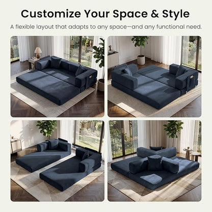78.8" Convertible Sofa Bed,Corduroy Futon Couch with Storage Pocket,Folding Pull Out Futon Sofa,No Assembly Boneless Couch for Home & Apartment, Royal Blue