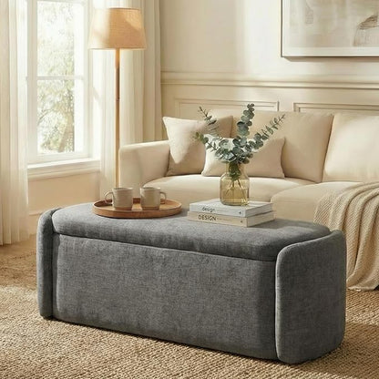 VKNOW 46" Oval Storage Ottoman Bench, Upholstered End of Bed Bench Ottomans Bench Foot Rest, Sherpa Storage Bench for Bedroom, Living Room and Hallway, Dark Grey