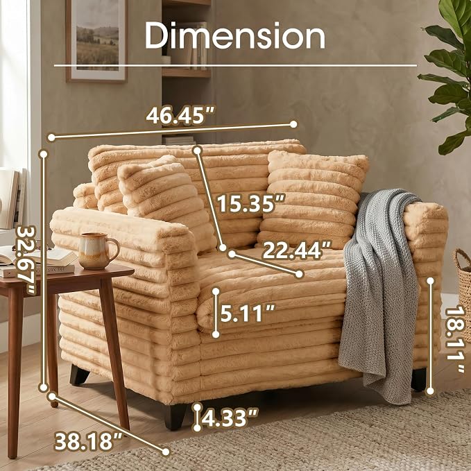 ERYE 46.9" Corduroy Upholstered Accent Chair Wide Seat Armchair for Living Room Bedroom, Modern Cloud Cushion Armchair W/ 2 Pillows and Wooden Legs for Home Apartment Office