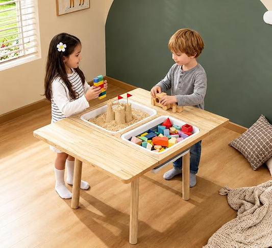 Large Solid Pine Wood Table with Flip Top, Activity Table with 2 Storage Bins & Double-Sided Board, Indoor/Outdoor Play Sand and Water, Multi-Functional Desk for Drawing Studying Dining
