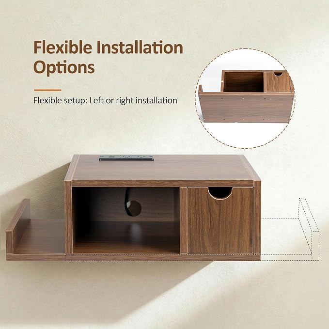Afuly Floating Nightstand with Charging Station Wall Mounted Night Stand with Drawer Walnut Bed Side Table Wood Bedside Table Shelf Narrow Hanging Modern End Table Nightstands for Bedroom Decor
