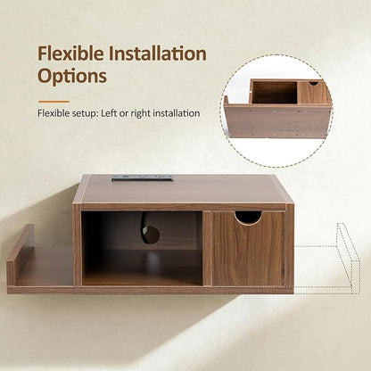 Afuly Floating Nightstand with Charging Station Wall Mounted Night Stand with Drawer Walnut Bed Side Table Wood Bedside Table Shelf Narrow Hanging Modern End Table Nightstands for Bedroom Decor