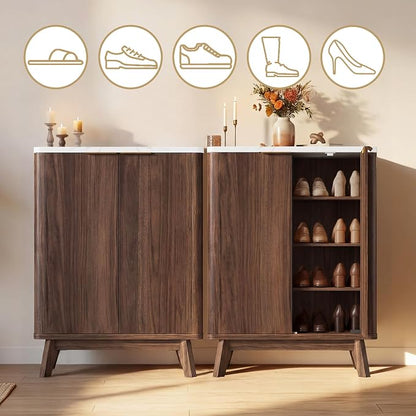 Shoe Cabinet with Doors & Adjustable Shelves, Walnut | Modern Wooden Storage Cabinet for Entryway, Mudroom And Apartment, Reducing Clutter And Dust Buildup