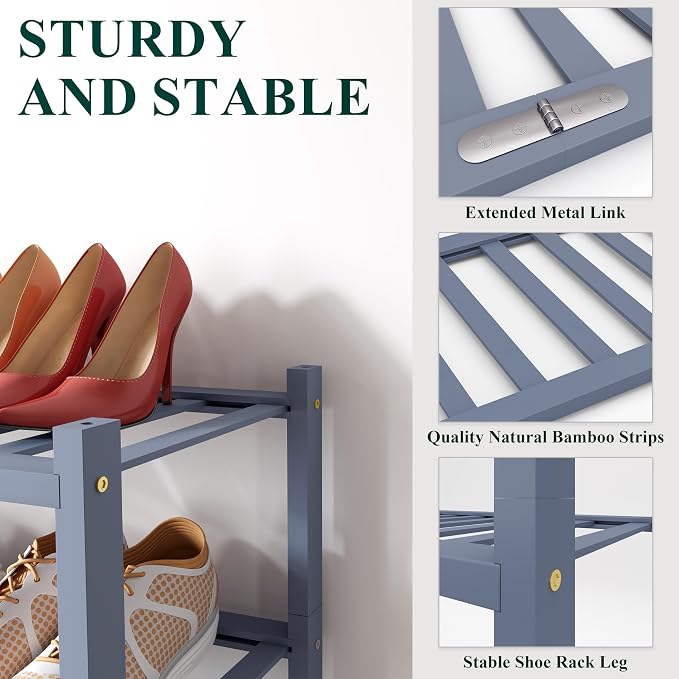 Smiry Bamboo Shoe Rack, 2 Tier Free Standing Wooden Shoe Organizer, Stackable Wood Shoe Storage Shelf for Closet, Entryway, 12 Vertical Slats, One-piece Standard Legs, 26.8"x11"x13", Grey