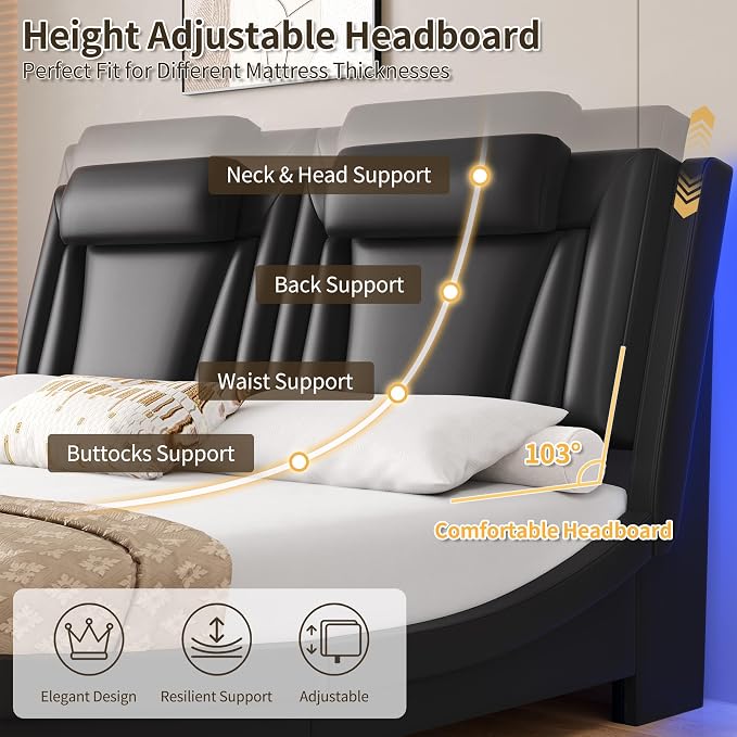 Keyluv King Size LED Bed Frame with Adjustable Headboard & Wave-Like Curve Safety Design, PU Leather Upholstered Platform Bed, Solid Wooden Slats Support, Easy Assembly, Black