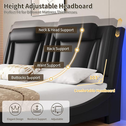Keyluv King Size LED Bed Frame with Adjustable Headboard & Wave-Like Curve Safety Design, PU Leather Upholstered Platform Bed, Solid Wooden Slats Support, Easy Assembly, Black