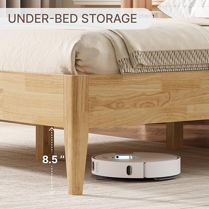 KISLOT Wood Bed Frame with USB & Type-C Charging, Boucle Platform Bed with Upholstered Headboard Mattress Foundation No Box Spring Needed Easy Assembly