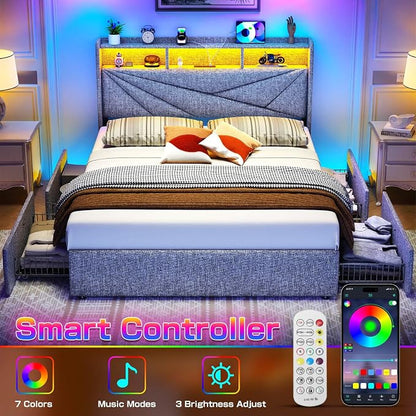 Driftalia LED King Size Bed Frame with 4 Storage Drawers, Upholstered King Bed Frame with 2-Tier Headboard and Charging Station, No Box Spring Needed, Easy to Assembly - Light Grey