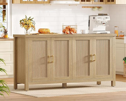 usikey 55" Buffet Cabinet with Storage, Large Sideboard Buffet Cabinet with 4 Adjustable Shelves, Modern Fluted Coffee Bar for Kitchen, Living Room, Natural