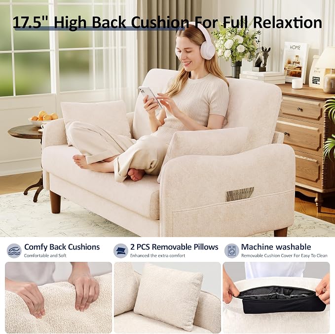 Vipbear 48" Loveseat Sofa,Modern Small Couches for Small Spaces,Beige Chenille Love Seat Couch for Living Room,Bedroom,Apartment,Office,Deep Seat,Throw Pillow,Side Pockets,Curved Armrest
