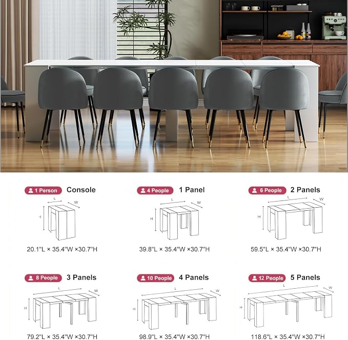 Transformer Dining Table for 12, 118” Expandable Rectangle Dining Room Table, Space Saving Folding Console Table, Modern Kitchen & Dining Furniture White