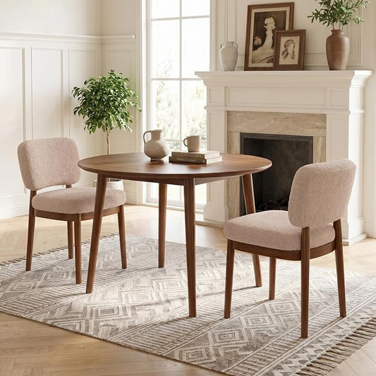 Wooden Dining Chairs Set of 2, Boucle Upholstered Kitchen Chairs with Solid Wood Legs, Mid Century Modern Dining Chairs, Farmhouse Side Chair with Hardwood Frame for Dining Room, Khaki