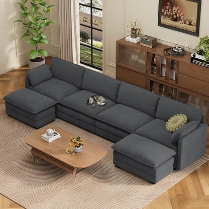 Gizoon 4 Seater Modular Sectional Cloud Sofa with 2 Movable Ottomans U Shaped Corduroy Deep Seat Sofa Couches with Double Layer Upholstered Seat Cushion, Pet-Friendly Fabric, Gray