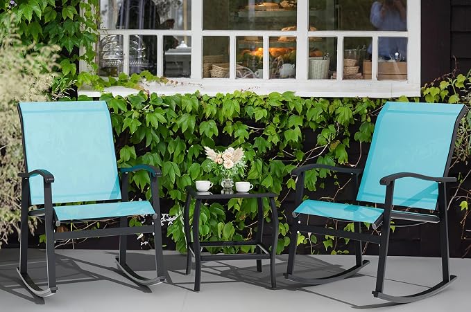 Vongrasig 3 Piece Outdoor Rocking Bistro Set, Textilene Fabric Small Patio Furniture Set, Front Porch Rocker Chairs Conversation Set with Glass Table for Lawn, Garden, Balcony, Poolside (Blue)