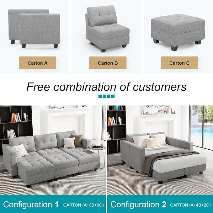Belffin Modular Storage U-Shape Sectional Sofa Couch with Reversible Chaises 7-seat Sofa with Storage Seat Modular Sectional Sofa Set with Ottomans Modern Fabric Light Grey