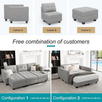 Belffin Modular Storage U-Shape Sectional Sofa Couch with Reversible Chaises 7-seat Sofa with Storage Seat Modular Sectional Sofa Set with Ottomans Modern Fabric Light Grey