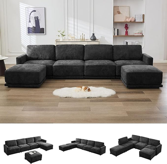 143.8" Modular U Shaped Sofa, Oversized Sectional Cloud Couch, 6 Seater Deep Seat Couches with 2 Movable Ottomans, Comfy Thickened Sofas for Living Room, Chenille Black