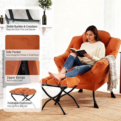 Furlide Lazy Chair with Ottoman, Modern Accent Chair with Armrests and a Side Pocket, Orange Accent Chairs, Reading Chairs, Oversized Armchairs for Bedroom, Study, Living Room, Courtyard