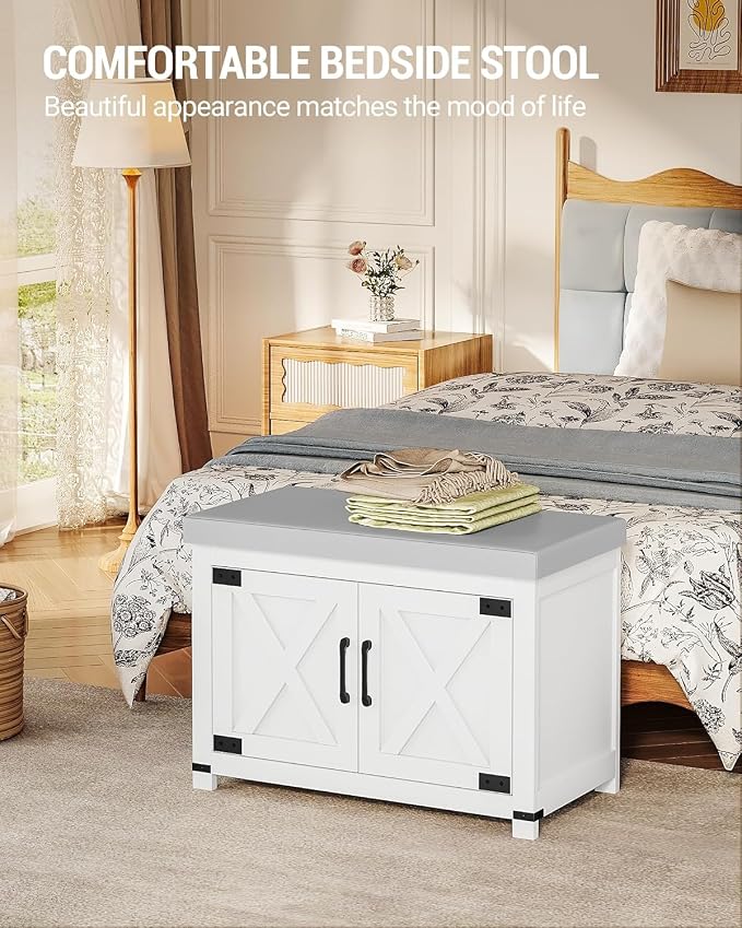 Hzuaneri Shoe Storage Bench, 2 Tier Shoe Bench with Padded Seat Cushion & 2 Barn Doors, Entryway Bench with Adjustable Shelf, Farmhouse Shoe Cabinet for Living Room, Bedroom, White SB26203GY