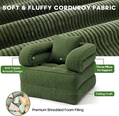 Folding Sofa Bed, Convertible Sleeper Chair with Armrests for Adults, Foldable Corduroy Boneless Bed, 3-in-1 Portable Futon Couch Floor Sofa with Pillow for Bedroom, Living Room, Dark Green