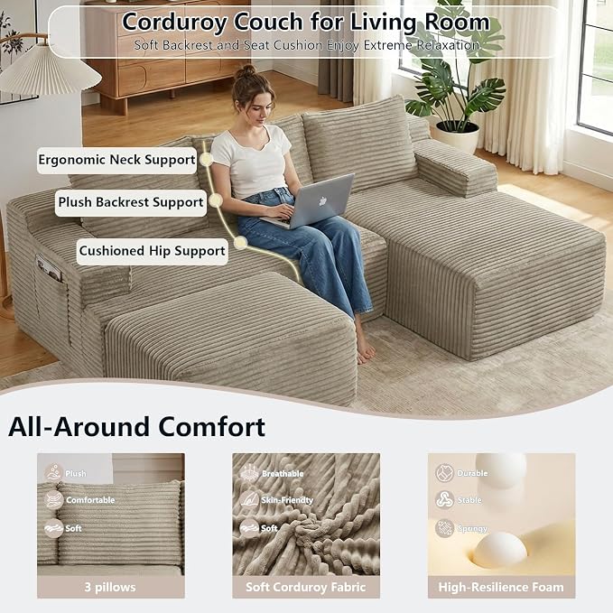 96" Cloud Sectional Couch U-Shaped Chaise with Ottoman, Corduroy Boneless Couch for Living Room Bedroom, Deep-Seat Upholstered Modular Cloud Sofa, No Assembly Required (Camel, Right Facing Chaise)