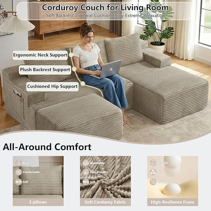 96" Cloud Sectional Couch U-Shaped Chaise with Ottoman, Corduroy Boneless Couch for Living Room Bedroom, Deep-Seat Upholstered Modular Cloud Sofa, No Assembly Required (Camel, Right Facing Chaise)