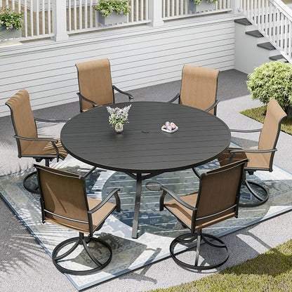 Patio Table and Chairs Set for 6 Person,54"x 54"x 28" Round Steel Slat Outdoor Table with 6 Breathable Textilene Swivel Chairs for Deck/Backyard/Poolside/Garden