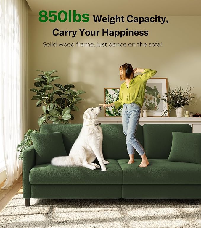 Welzona 83" Couches for Living Room, Teddy Sofa Couch, Comfy Sofas for Living Room, Tool-Free Setup Loveseat Sofa, All-Wood Love Seat Couches, Small Couch 2 Pillows Included, Green