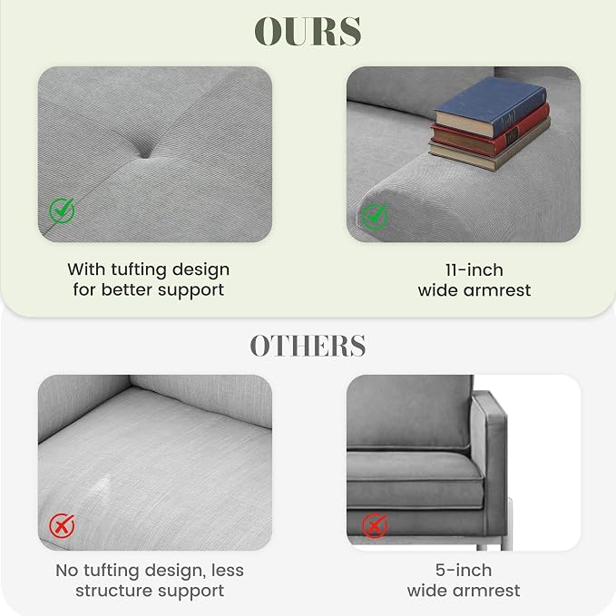 GRUSIGN 108'' Modular Sectional Boneless Couch, Tufted Cloud Sectional Couches for Living Room, L Shape Deep Seat Sofa with Ottoman & 3 Throw Pillows,Corduroy Oversized Couch,Light Grey