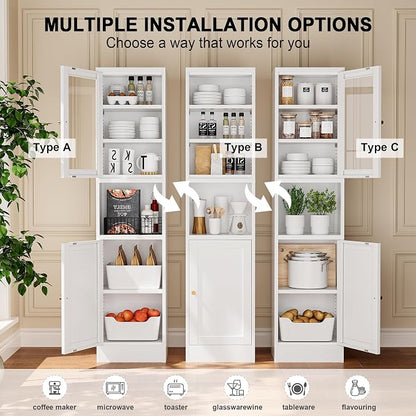 Narrow Glass Door Storage Cabinet Tall Metal Storage Cabinets with 4 Adjustable Shelves Freestanding 5 Tier Slim Pantry Cabinet for Kitchen Office Small Space