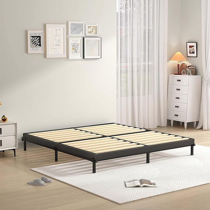 MAF 2 Inch Queen Box Spring with Round Corners, Low Profile Box Spring for Queen Bed, Bunkie Board with Wood Slats Bed Slat Replacement 3500 lbs Black Heavy Duty Mattress Foundation, Easy Assembly