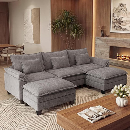 URRED Oversized Modular Sectional Sofa, 122" U Shaped Modern Comfy Cloud Couch with Movable Ottoman & Pillows, Deep Seat Couches for Living Room, Bedroom or Apartment (Chenille Gray, 122" U Shaped)