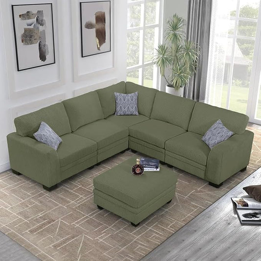 Legend Vansen U-Shaped Modular Sectional Sofa, Corduroy Couch with Ottoman, Deep Seat & Removable Cushion, 6-Seat Oversized Sofa, Easy Assembly for Living Room Apartment