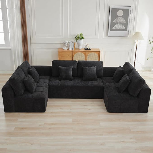 140''Modular Sectional Couches for Living Room, Cloud Boneless Compressed Sectional Sofa, Oversized U Shaped 6 Seater Upholstered Memory Foam Sofa, No Assembly, Chenille Black