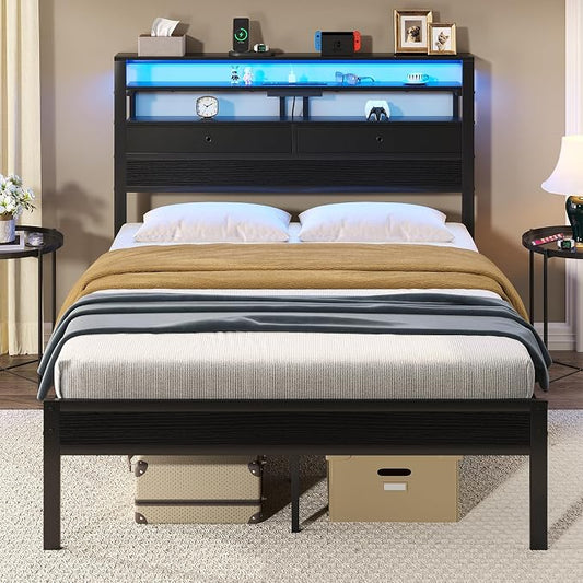 Sweetcrispy Bed Frame Queen Size with LED Lights and Charging Station, Sturdy Platform Beds Frame with Storage Drawers, 3-Tier Shelves and Under Bed Storage, No Box Spring Needed, Black