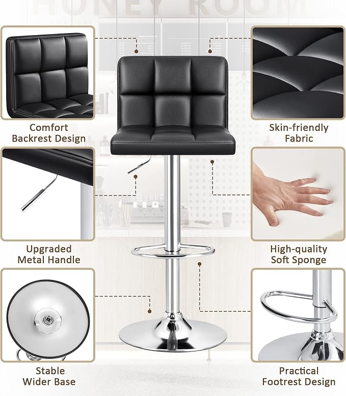 Furniwell Bar Stools Modern Pu Leather Swivel Adjustable Barstools Armless Counter Height Swivel Bar Stool Synthetic Leather Height Square Barstool with Set of 2(Black)
